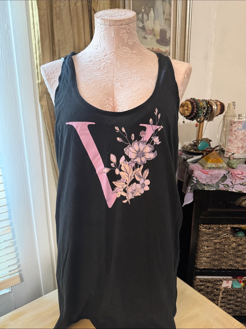 Victoria's Secret Black Tank Top with Pink Floral 'V'